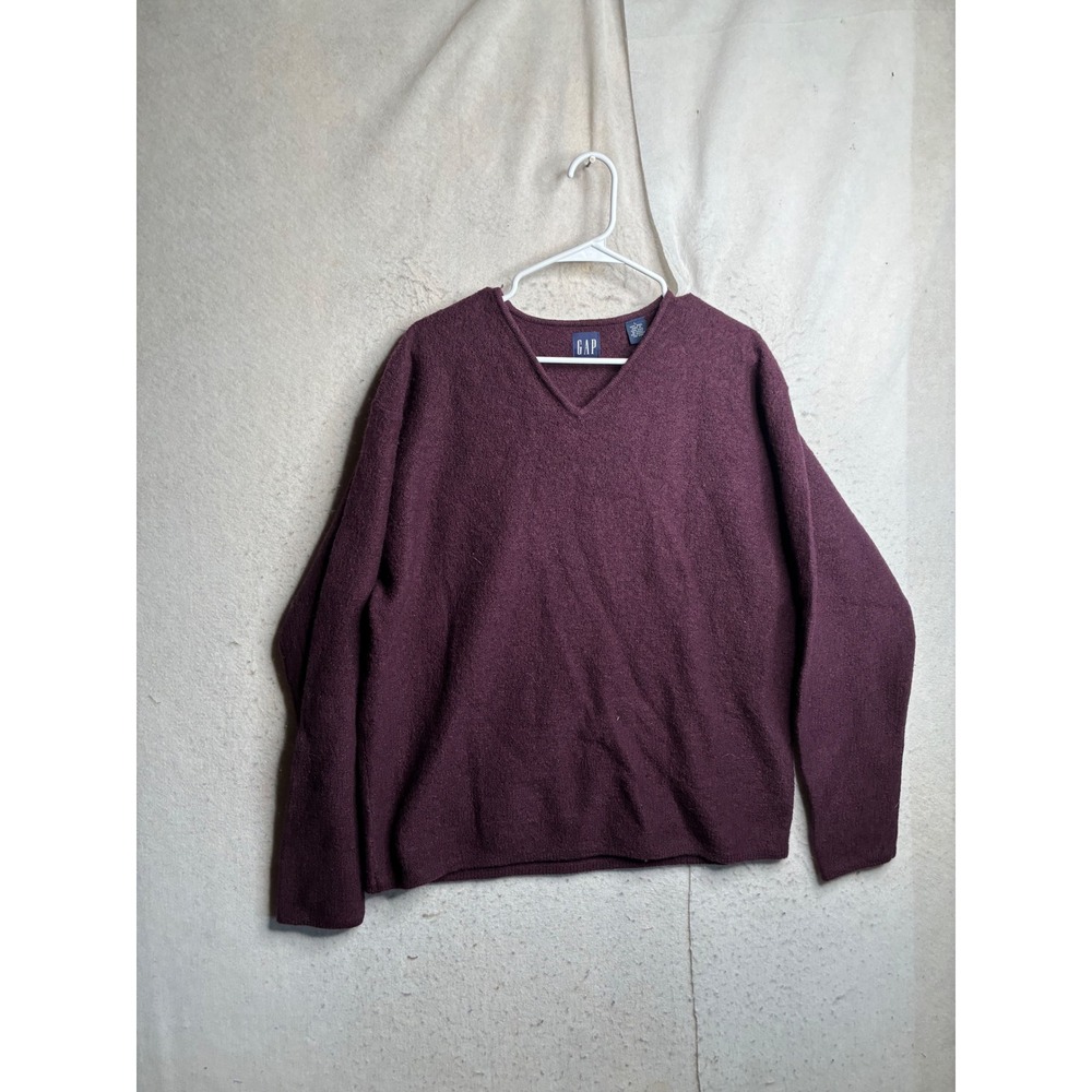 Gap Mens V-Neck Wool Sweater Burgundy Plum Long Sleeve Knit Large 117361-07-1